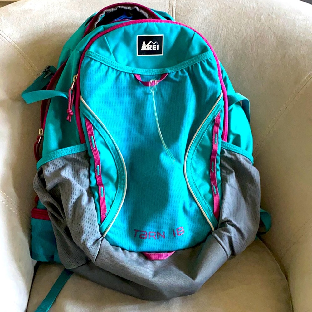 Teal and purple kids REI backpack